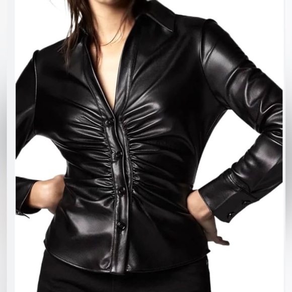 Zara Tops - Zara Black Vegan Ruched Deep V Plunge Ruched Button Down Shirt. Sz XS NWT